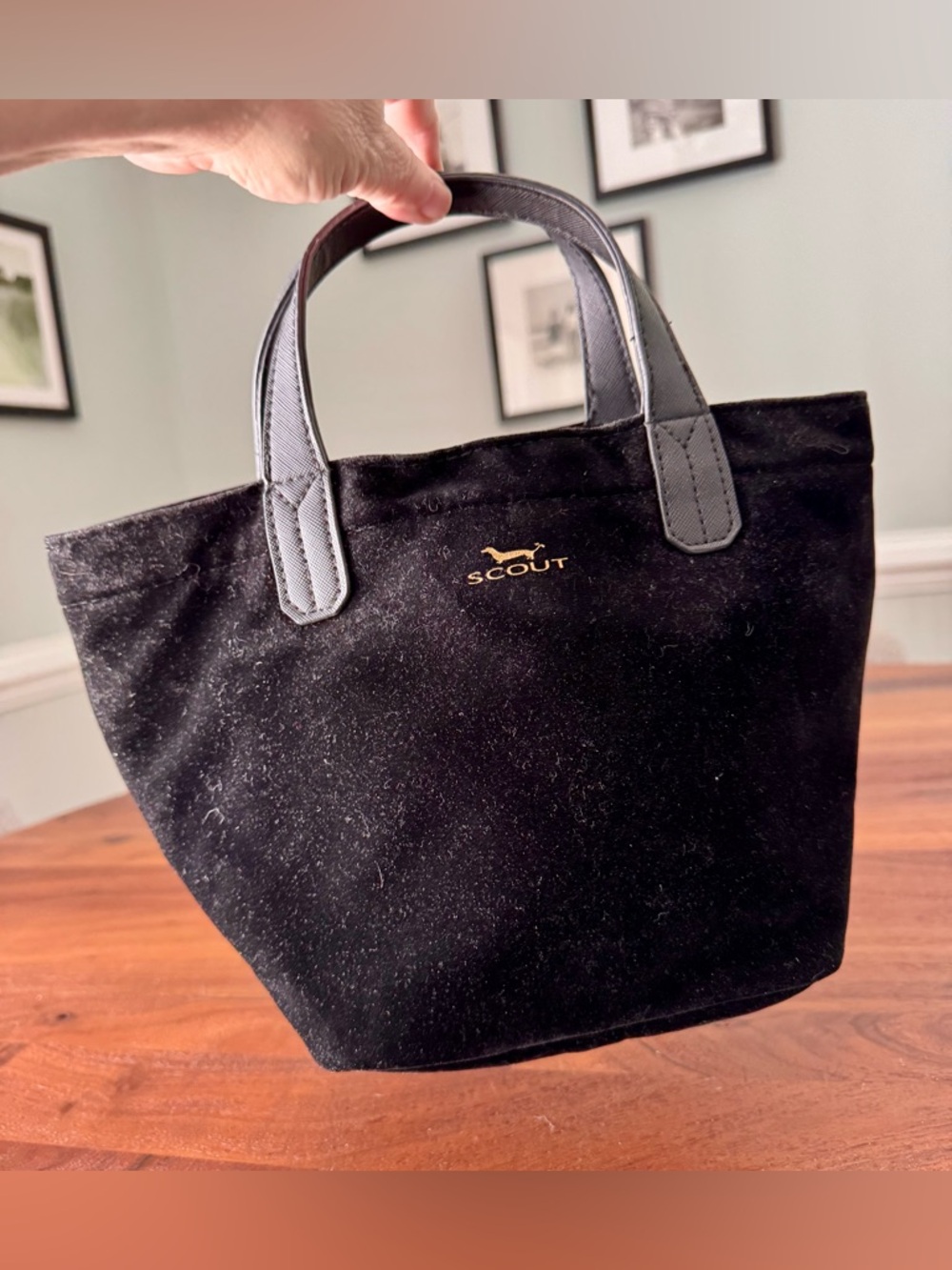 Scout Little Tripper Black Velvet Purse Handbag Leather Handle Zip Closure Tote
